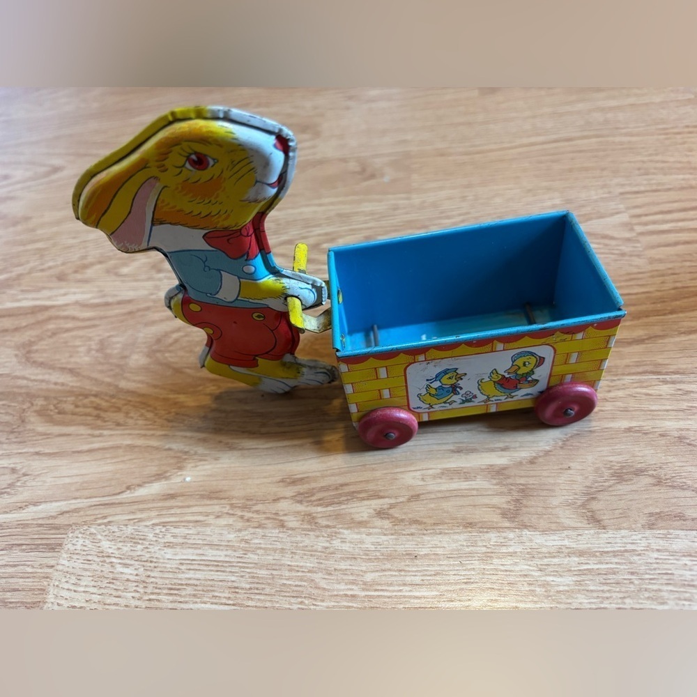 Vintage Tin Easter J Chein Tin Litho Easter Bunny- Wooden Wheels
